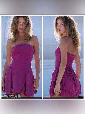 NWT Free People Seashell Linen Strapless Smocked Bubble Hem Mini Dress